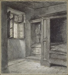 Innenansicht eines Schlafzimmers mit einem Heiligtum links